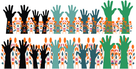 Fototapeta na wymiar Showcasing a collection of diverse and colorful hands raised up. Unity, participation, diversity, and the power of collective action in our multicultural society