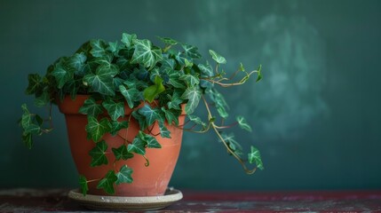A lush potted plant displaying vibrant green leaves, situated elegantly on a rustic table - obrazy, fototapety, plakaty
