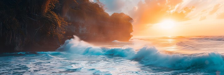 Panoramic banner of seascape with waves crashing into cliffs on the shore at sunrise.