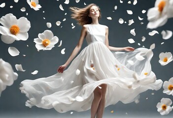A white dress floats in the air. with petals and flowers floating around This idea smells good. from fabric softener