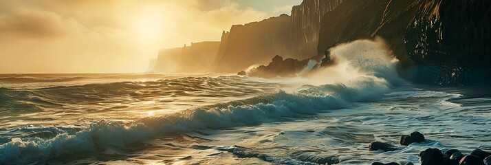 Beach with rocks at sunrise hit by huge waves - obrazy, fototapety, plakaty