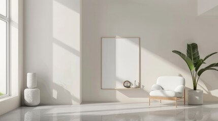 Fototapeta na wymiar Blank white frame with minimal sofa for mockup presentation