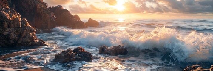 Costline at sunrise with huge waves hitting rocky cliffs on shore - obrazy, fototapety, plakaty