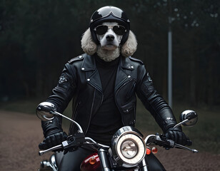 A brutal dog in sunglasses and a leather jacket rides a motorcycle outdoors. Generative AI.