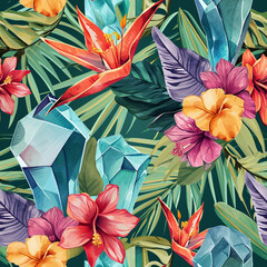 hawaiian hawaii jungle paradise textile tropic palm print watercolor wrapping exotic fabric wallpaper f - obrazy, fototapety, plakaty
