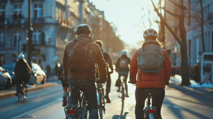 Cyclists riding on a city street in the early morning light, with backpacks, helmets, and the...