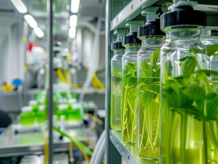 Plant tissue culture in laboratory bottles with nutrient media for plant growth experiments