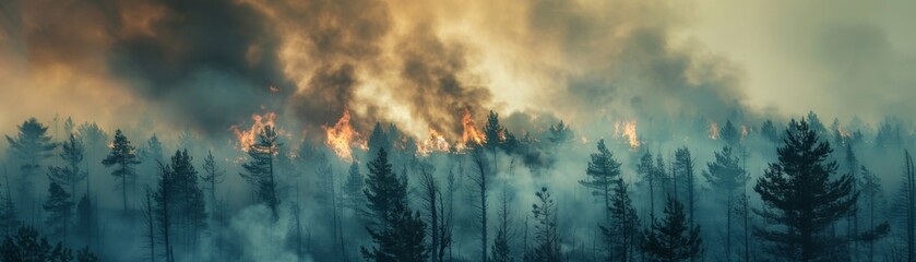 Wide panoramic view of a forest fire with smoke and flames - obrazy, fototapety, plakaty