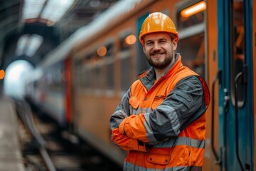 Confident railway worker standing by a train at the station - obrazy, fototapety, plakaty