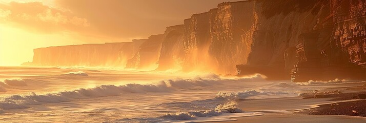 Tropical coastline at sunrise hit by huge waves in rocky cliffs at sunrise.