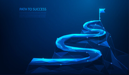 business route to success to goal technology on blue background. leadership vision and goal. target business mission.achievement mountain and flag on peak. vector illustration fantastic.