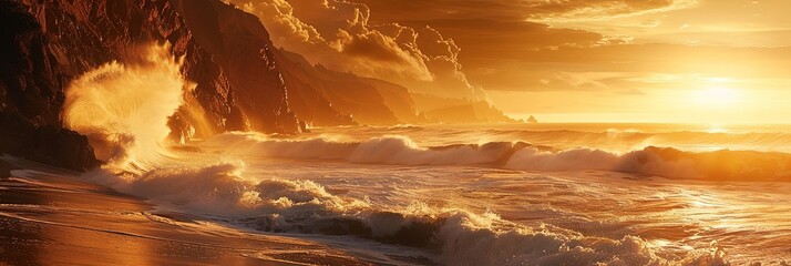 Tropical coastline at sunrise hit by huge waves in rocky cliffs at sunrise.
