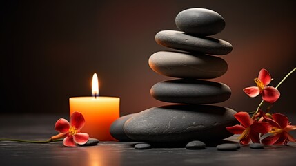 Zen harmony and meditation concept with candles and black stones on wooden background