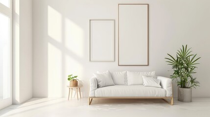 Blank white frame with minimal sofa for mockup presentation