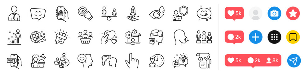 Equity, Stats and Idea line icons pack. Social media icons. Human, Smile, Food app web icon. Hold heart, Cursor, Online voting pictogram. Yummy smile, World mail, Eye drops. Vector