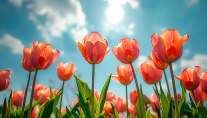 Fototapeta premium Beautiful colorful blooming tulips against blue cloudy sky in the background in sunlight. Spring and summer floral concept banner.