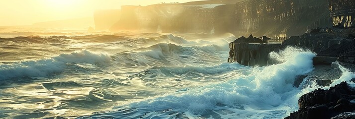 Panoramic banner of seascape with waves crashing into cliffs on the shore at sunrise. - obrazy, fototapety, plakaty