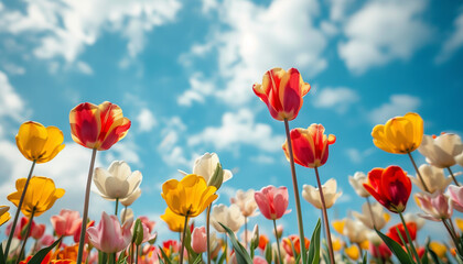 Beautiful colorful blooming tulips against blue cloudy sky in the background in sunlight. Spring and summer floral concept banner.