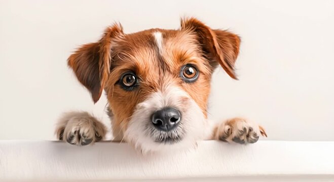 peeking puppy over a white blank drawing board, white background