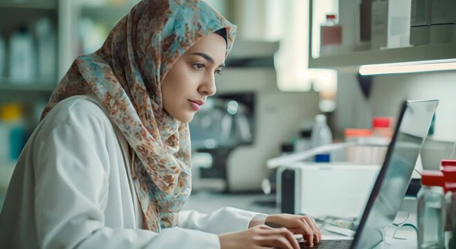 In the clinic, a female Muslim intern diligently types away on her laptop, immersed in her duties.