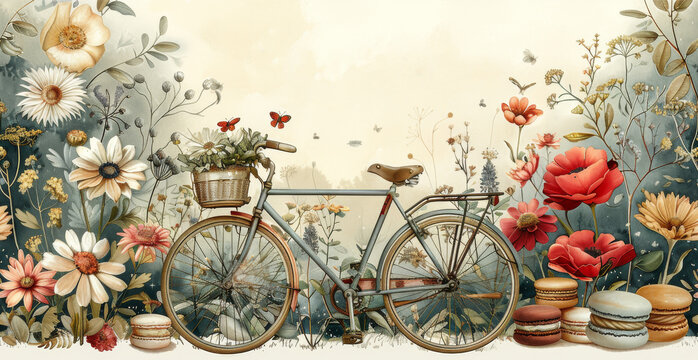 a painting of a bicycle parked in front of a field of flowers with the words erote on it.