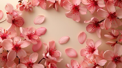 peach blossoms laid flat on a desktop, offering a captivating view of deep pink flowers with a hint of red, showcasing a fresh color tone and plenty of bright, well-lit space for text.