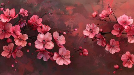peach blossoms laid flat on a desktop, offering a captivating view of deep pink flowers with a hint of red, showcasing a fresh color tone and plenty of bright, well-lit space for text.