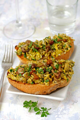 Scrambled eggs with mushrooms on toast.