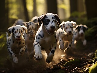 a group of puppies running in the woods - obrazy, fototapety, plakaty