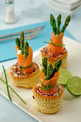 Salmon and asparagus vol au vent.