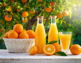 Owoce pomarańczy i sok pomarańczowy na stole. W tle drzewa pomarańczy - obrazy, fototapety, plakaty