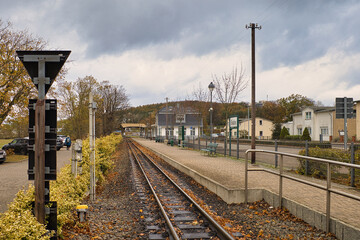 Schiene, Gleis mit Blick auf den Bahnhof, Rasender Roland auf der Insel Rügen, Ostseebad Baabe,...