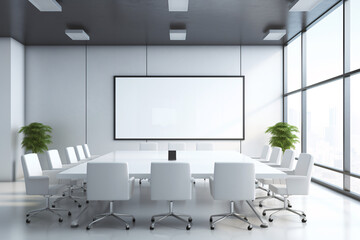 a white table and chairs in a room with a large screen