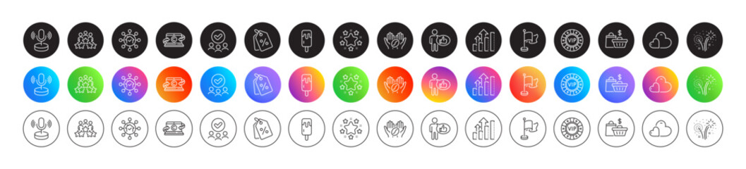 Fireworks, Analysis graph and Flag line icons. Round icon gradient buttons. Pack of Care, Home facility, Coffee icon. Business meeting, Ice cream, Sale bags pictogram. Vector