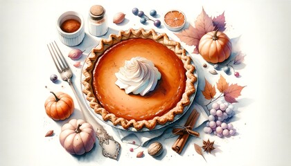 Watercolor Painting of Thanksgiving's Pumpkin Pie