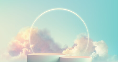 Transparent fluffy clouds form a realistic product podium stage, set against a soft pastel color background