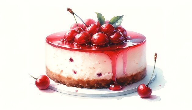 Watercolor Painting of Pastel Cherry Cheesecake