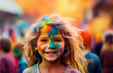Person with painted face in colorful portrait, holi banner - obrazy, fototapety, plakaty