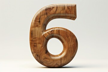 Cute wooden number 6 or six as wooden shape, white background, 3D illusion, storybook style