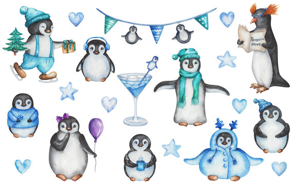 Watercolor set of illustrations. Hand painted cartoon penguin family. Penguin characters boys and girls. Cocktail, gift, fur tree, festoon flags. Marine birds. Isolated clip art for Christmas cards