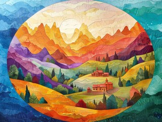 A landscape painting of a fairy tale world, with mountains and villages in an oval shape. 