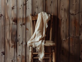 Plaid, wicker chair, linen and cotton fabric, cushion and duvet with natural material on chair, copy space. Cozy home concept.