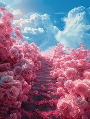A long stairway made of pink roses leading to the sky with white clouds and blue skies in the background Theres an overall fantasy feel