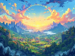 A landscape painting of a fairy tale world, with mountains and villages in an oval shape. The sky is painted in the styles of blue, orange, yellow, purple, and green, creating a dreamy atmosphere. 