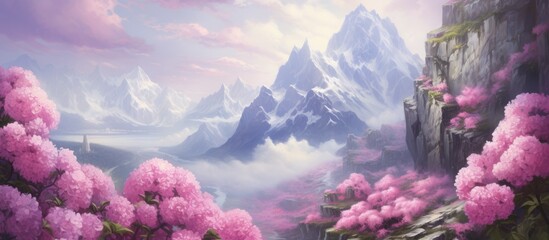 A natural landscape painting featuring a mountain with pink flowers in the foreground, set against a violet sky with fluffy clouds. Petals in shades of magenta embellish the scene - obrazy, fototapety, plakaty