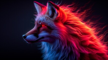 Naklejka premium a close up of a red fox's face on a black background with red and blue light coming from its eyes.