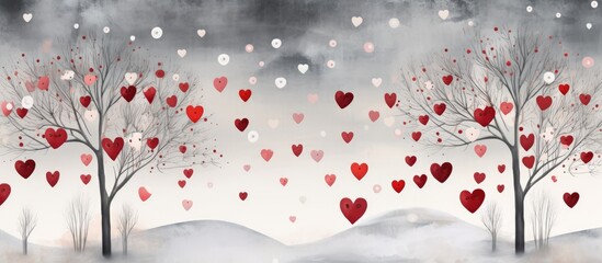 Artistic installation of two trees with heartshaped ornaments, hanging in the snow. The magenta hearts create a beautiful contrast with the white surroundings