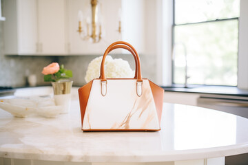 Chic leather handbag placed on kitchen marble countertop. Generative AI - obrazy, fototapety, plakaty