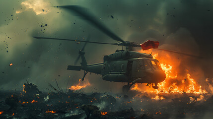 a helicopter and and italian flag both lit on fire in the middle of a war field , soldiers screaming in pain , there are debris and fog and darkness all around  - obrazy, fototapety, plakaty