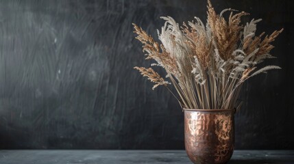 A graceful vase overflows with delicate dry grass atop a rustic table